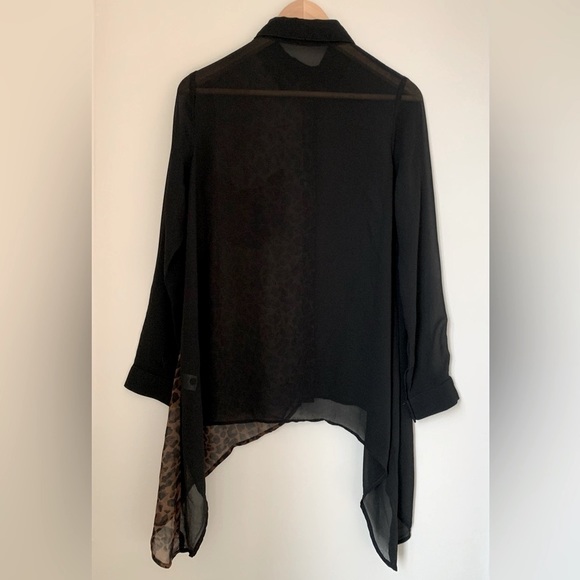 Millau Black Leopard Animal Print Sheer Asymmetrical Long Sleeve Button Down - Picture 2 of 5